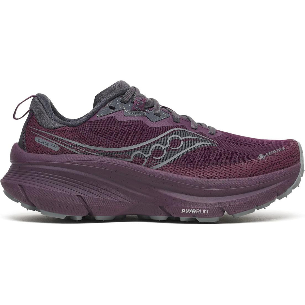 The Saucony Women’s Guide TR GTX Eggplant is a maroon and gray trail runner with a mesh upper, max cushion stability, lace-up closure, textured outsole grip, and signature side logo for style.