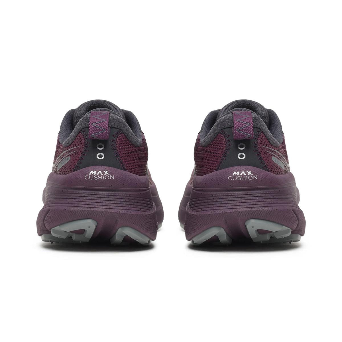 Rear view of purple Saucony Women’s Guide TR GTX Eggplant running shoes with gray soles and MAX CUSHION STABILITY on the heel, side by side on a white background. Perfect for trail running.