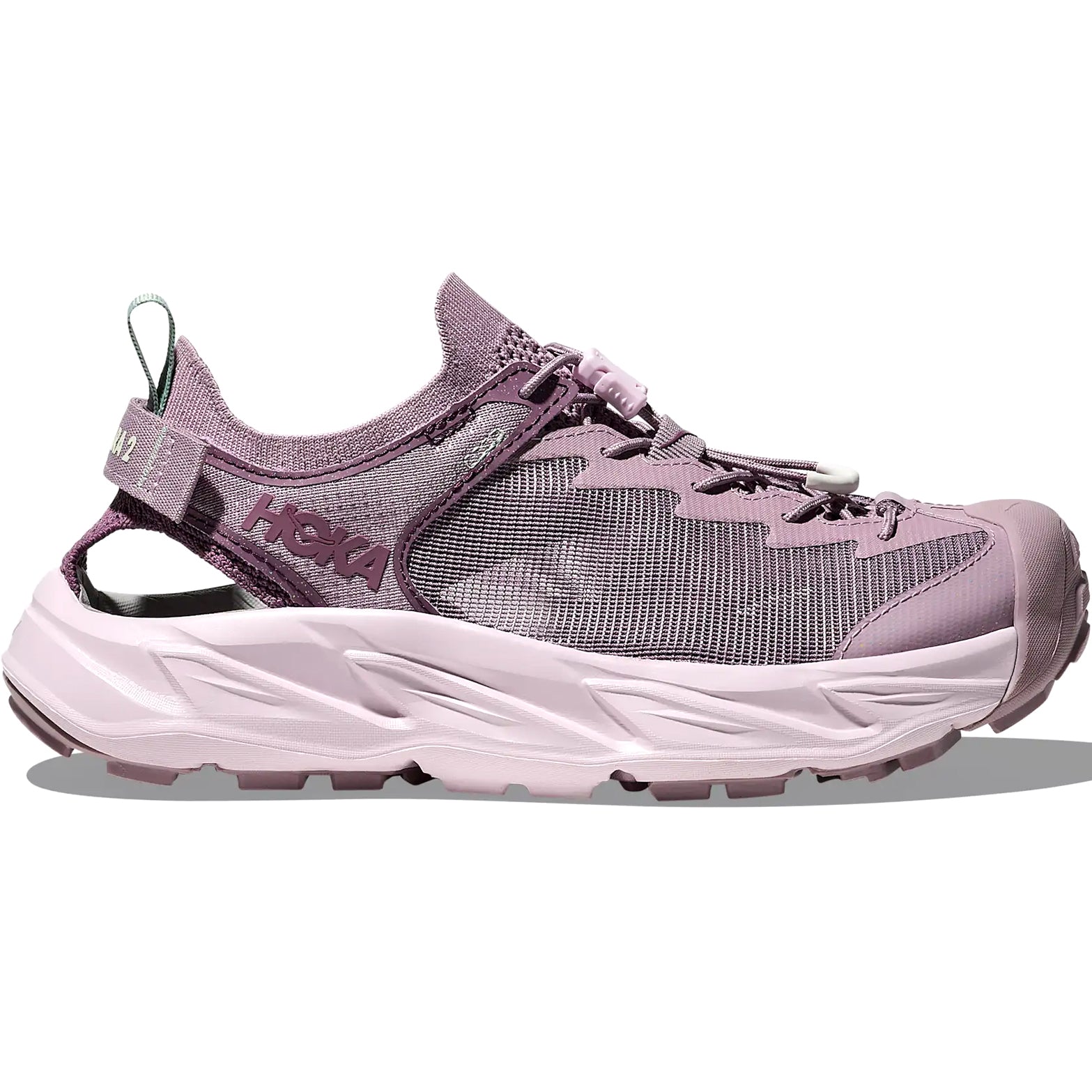 HOKA Hopara 2 women's sandal in Fragrant Lilac / Lilac Cream — outer view showing fragrant lilac recycled knit upper with lilac cream accent detailing, Cordura® mesh overlay and sticky rubber outsole profile
