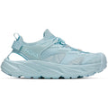 Women's HOKA Hopara 2 Sandal Glimmering Blue Glimmering Blue outer side view showing 30% sugarcane EVA midsole with sticky rubber outsole and recycled knit upper for amphibious trail use
