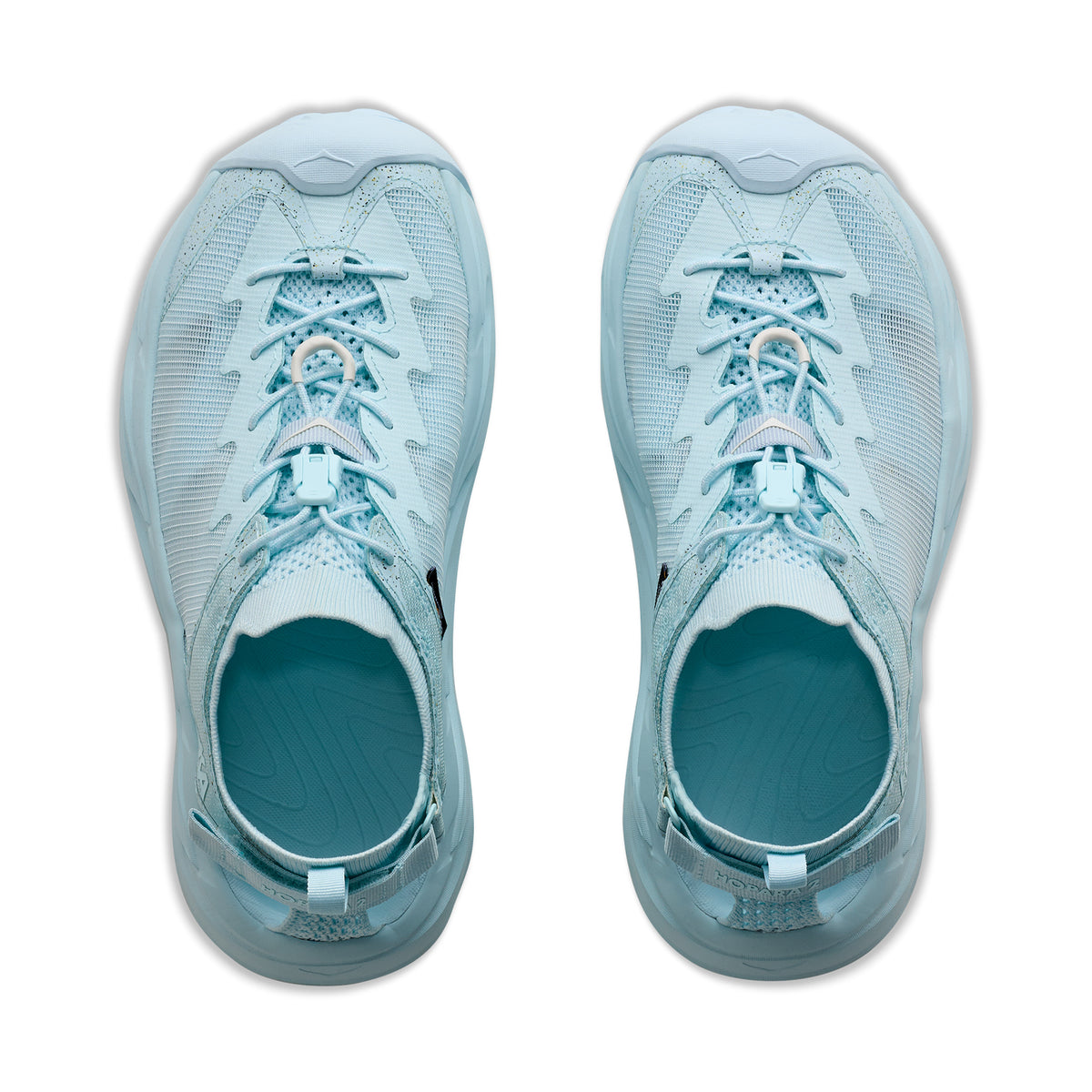 Women's HOKA Hopara 2 Sandal Glimmering Blue Glimmering Blue top view showing 100% recycled knit upper with water repellency treatment and recycled Cordura mesh overlays for drainage and debris protection