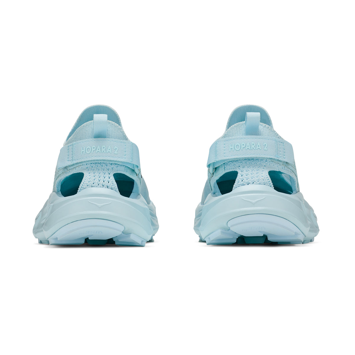Women's HOKA Hopara 2 Sandal Glimmering Blue Glimmering Blue heel view showing adjustable heel strap with sugarcane EVA midsole and ripstop overlay for secure amphibious trail performance