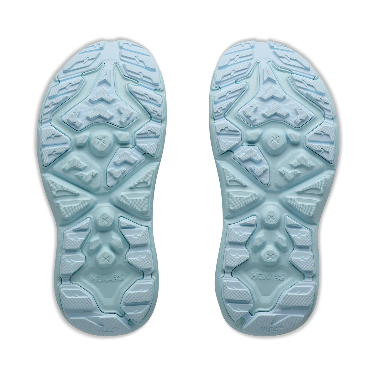 Women's HOKA Hopara 2 Sandal Glimmering Blue Glimmering Blue sole view displaying sticky rubber outsole for reliable grip on wet rocks, muddy trails and dry singletrack