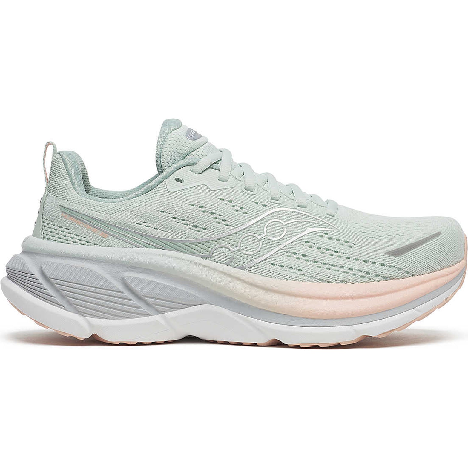 Women's Saucony Hurricane 25 Running Shoes Mist Cameo outer side view showing PWRRUN PB midsole stack and engineered mesh upper