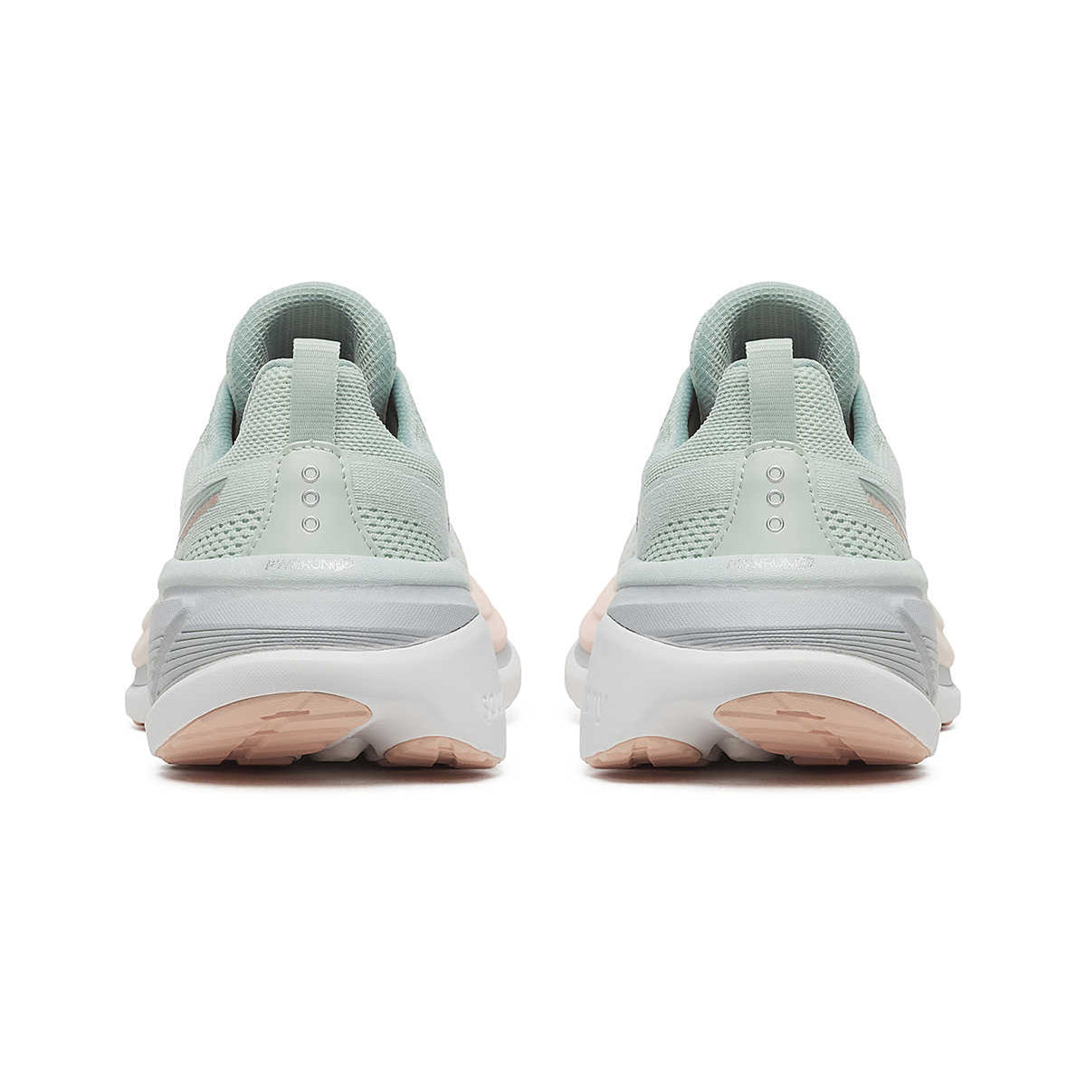 Women's Saucony Hurricane 25 Running Shoes Mist Cameo pair heel view showing heel pull tabs, padded collar and midsole stack height