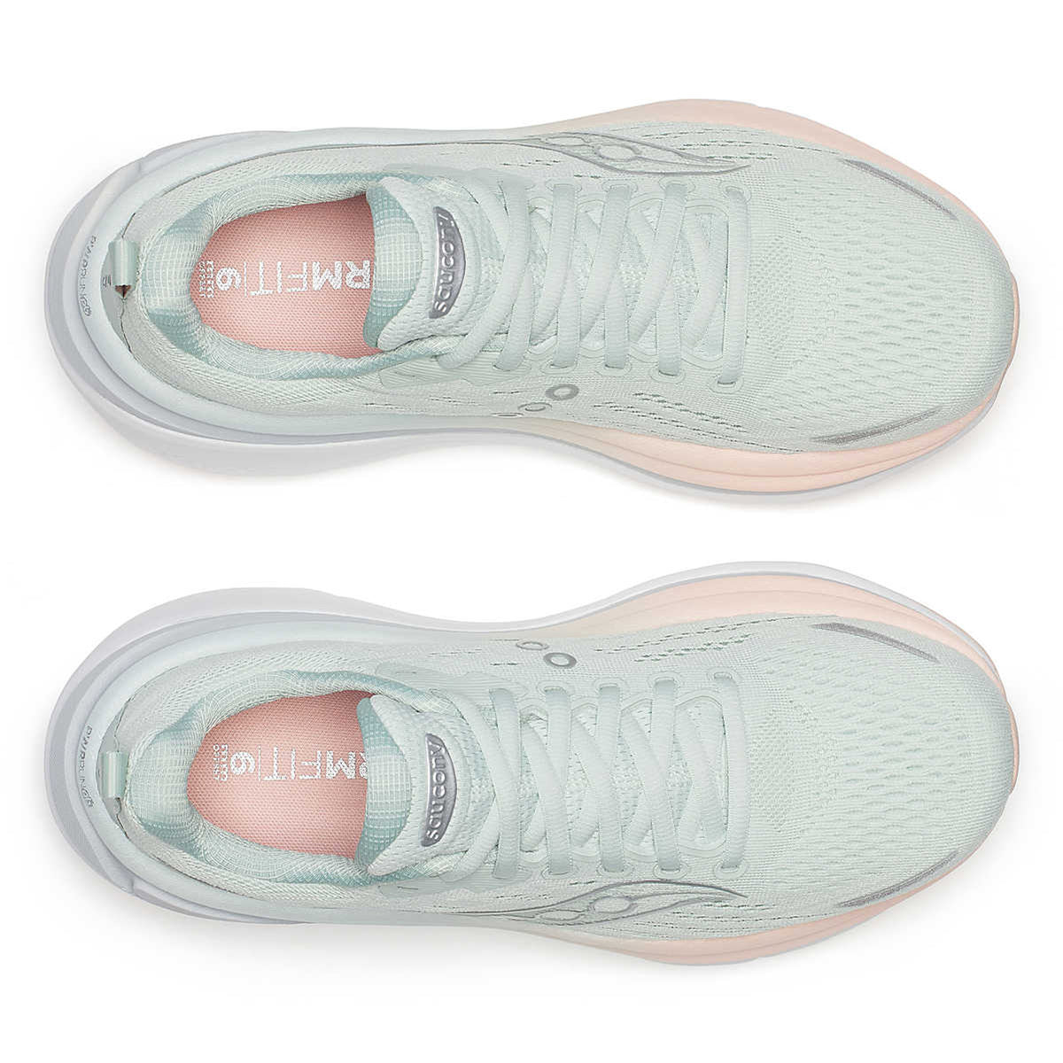 Women's Saucony Hurricane 25 Running Shoes Mist Cameo pair top view showing engineered mesh upper, eyestay webbing and lacing system