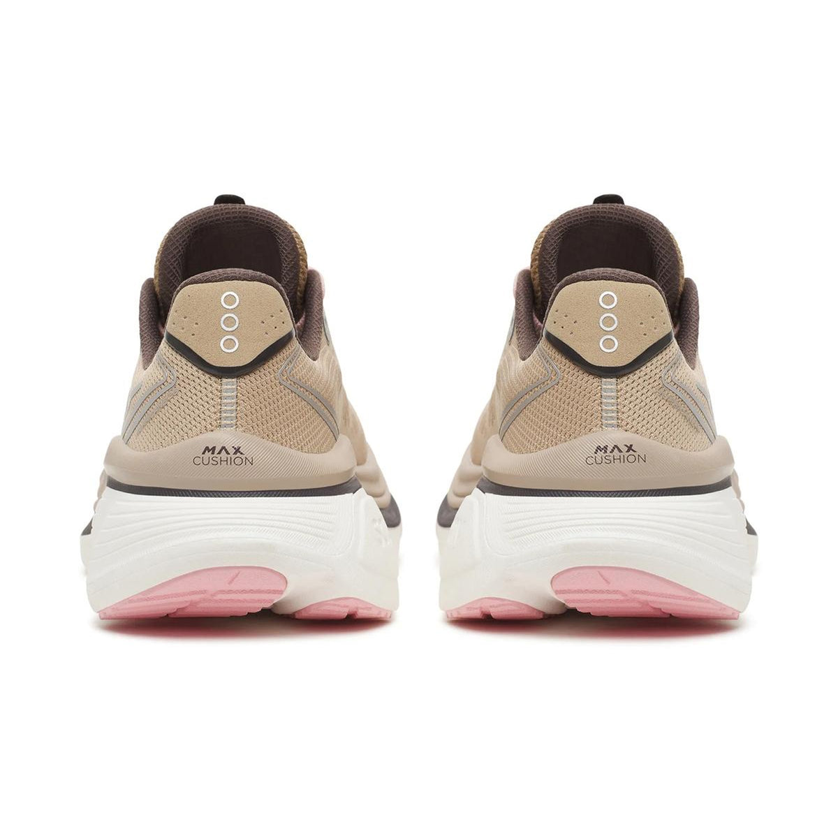 A pair of Saucony Women’s Hurricane 26 Running Shoes in Saddle / Touch is viewed from the back, showcasing thick white soles with pink accents on the bottom and “MAX CUSHION” text on the heel. These cushioned running shoes deliver exceptional comfort with their plush incrediLUX foam midsoles.