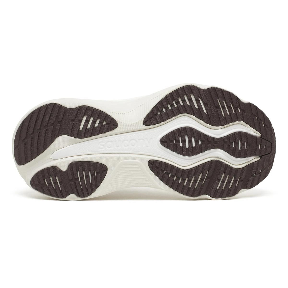 The image displays the bottom view of the Saucony Women’s Hurricane 26 Running Shoes in White/Quartz, highlighting black and white wavy rubber tread patterns for enhanced grip. The “saucony” logo is embossed in the center of the white section, showcasing this popular cushioned daily trainer from Saucony.