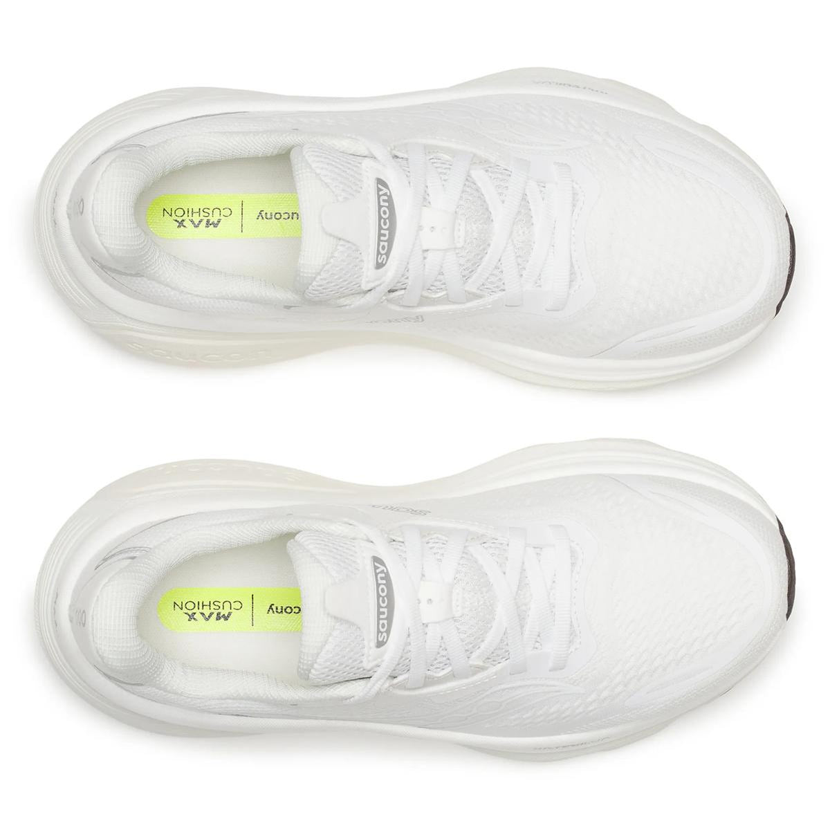 Top view of a pair of Saucony Women’s Hurricane 26 Running Shoes in White / Quartz, with white laces and cushioned insoles labeled MAX CUSHION in yellow and gray, positioned side by side on a white background—perfect as cushioned running shoes to meet your daily trainer needs.