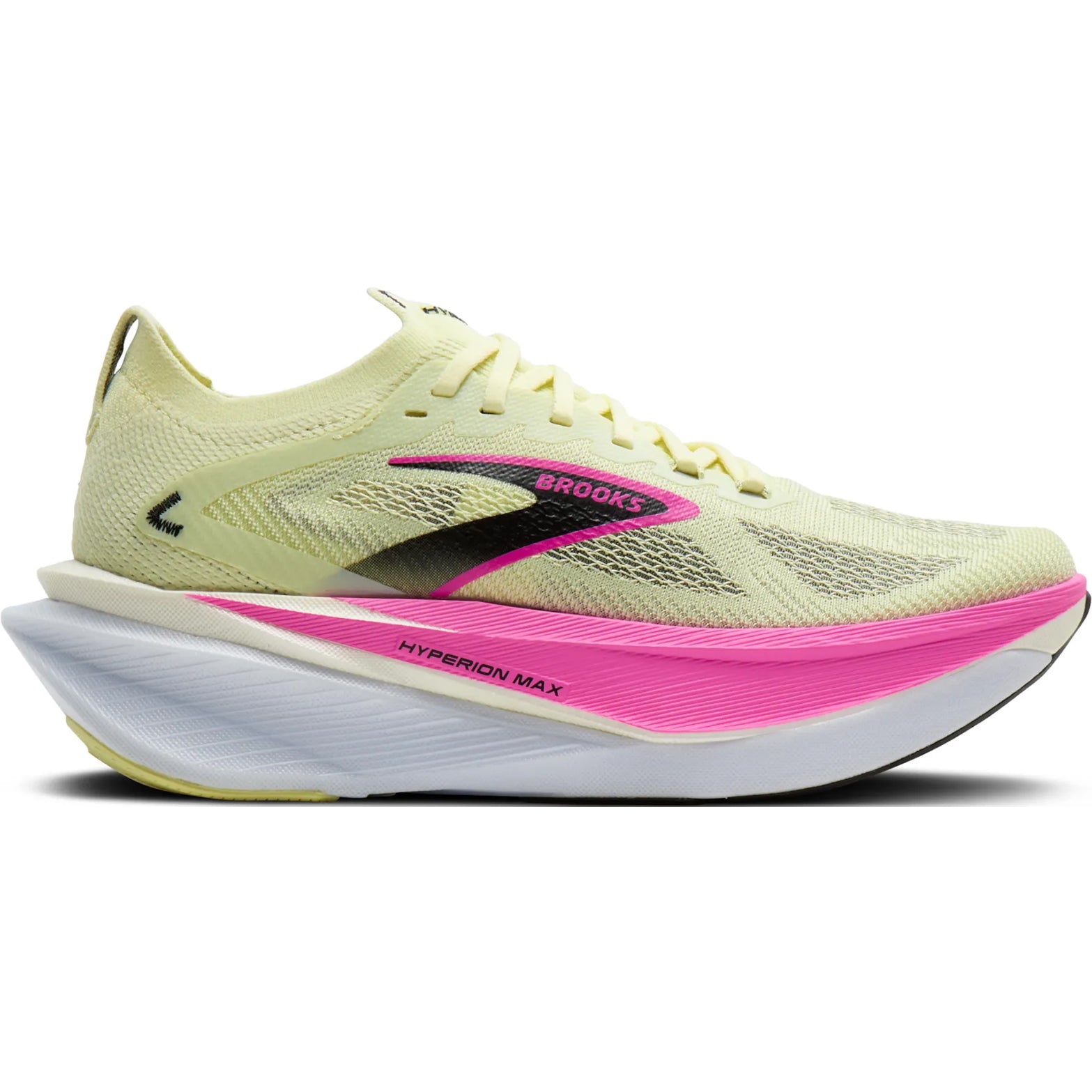 Brooks Women's Hyperion Max 3 Running Shoes Luminary Cyber Pink Black outer side view showing high-stack DNA FLASH v2 cushioning