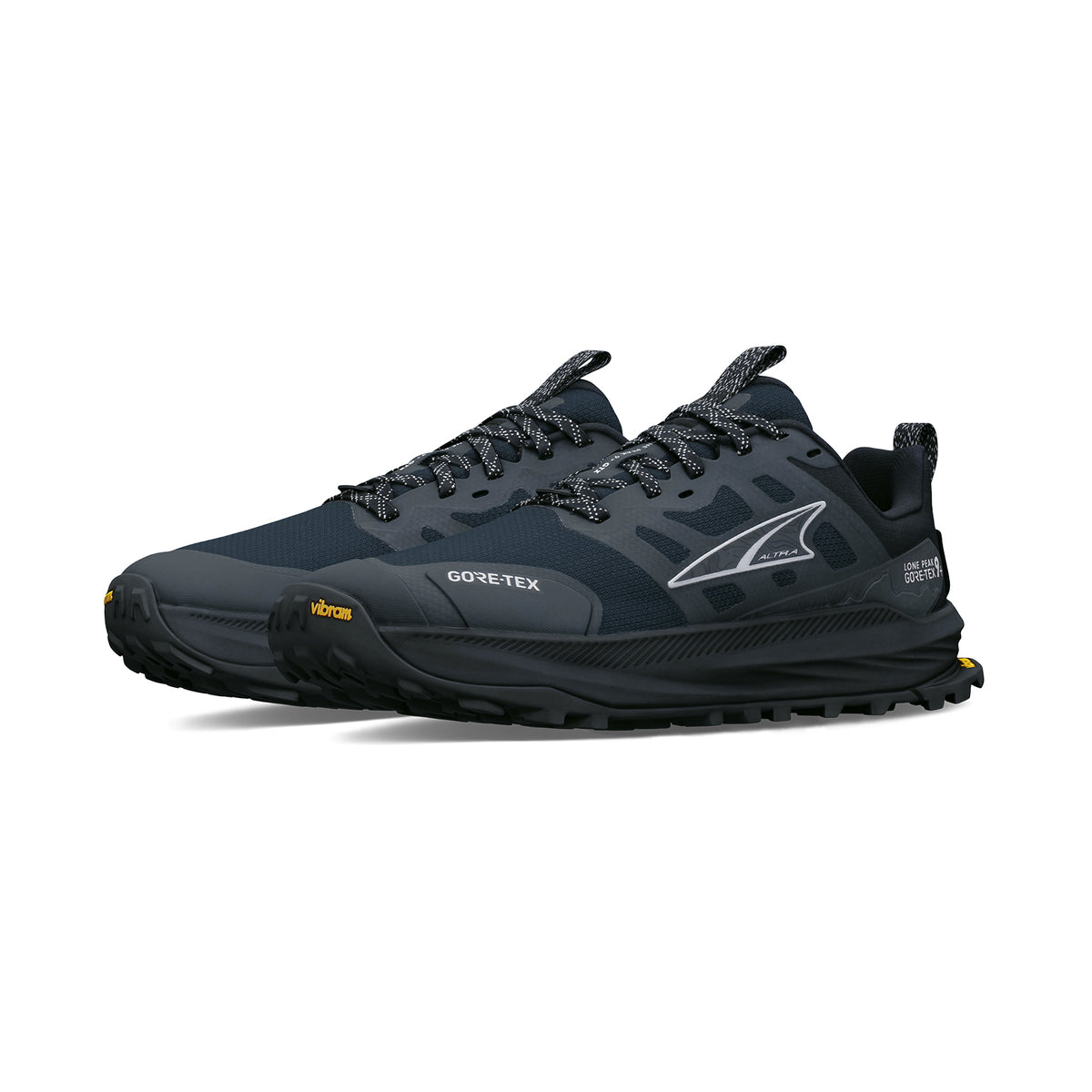A pair of dark gray trail running shoes with black soles, Gore-Tex label, Vibram outsoles, and patterned laces. The shoes feature Altra branding and rugged treads for outdoor use.