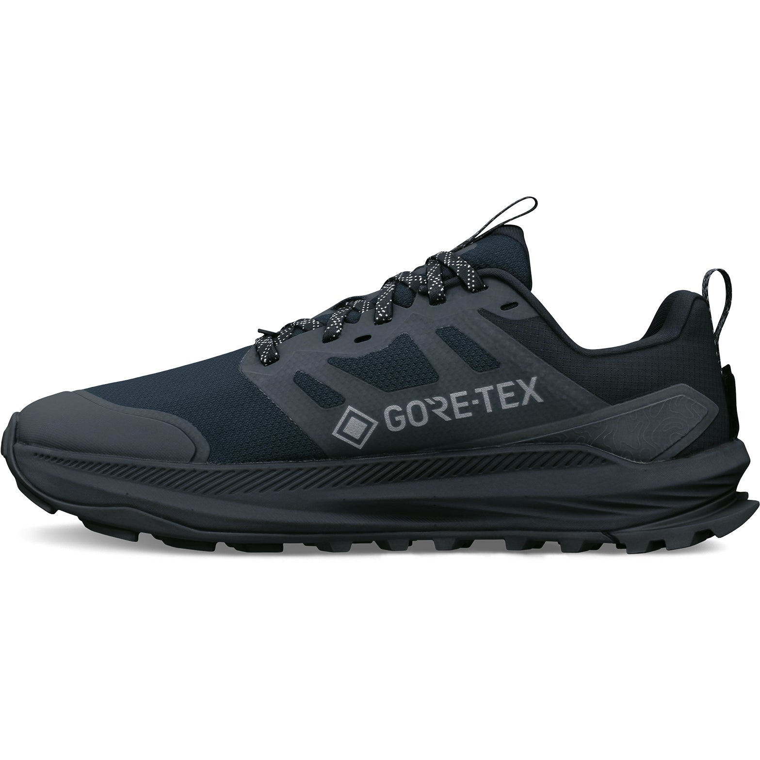 Altra Lone Peak 9 Plus GORE-TEX Black Black inner side view featuring zero drop platform and Altra EGO midsole foam with 25mm stack height