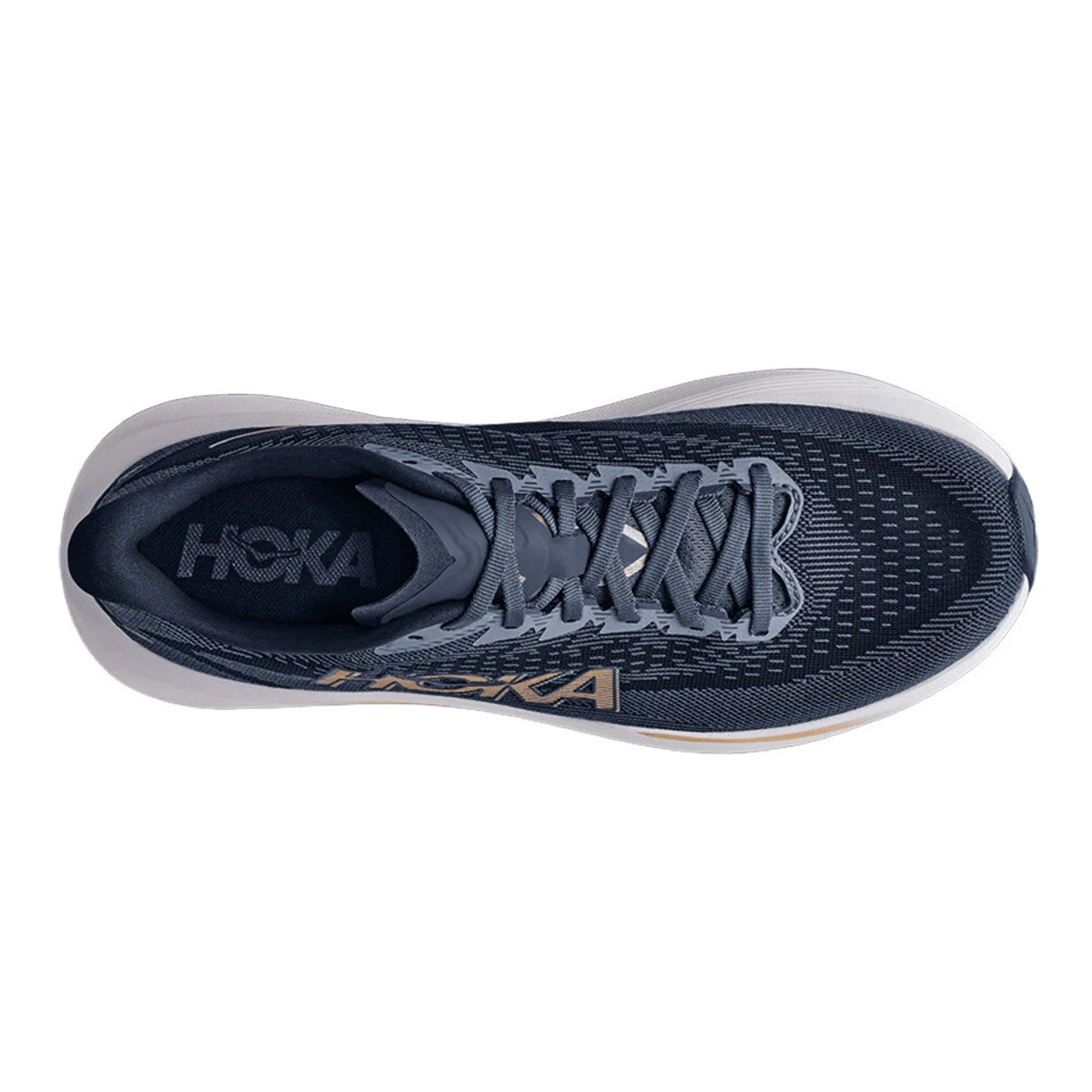 Top-down view of Women’s Mach 7 Running Shoes Faded Navy / Gold in dark navy with gold accents and a white supercritical EVA foam sole.