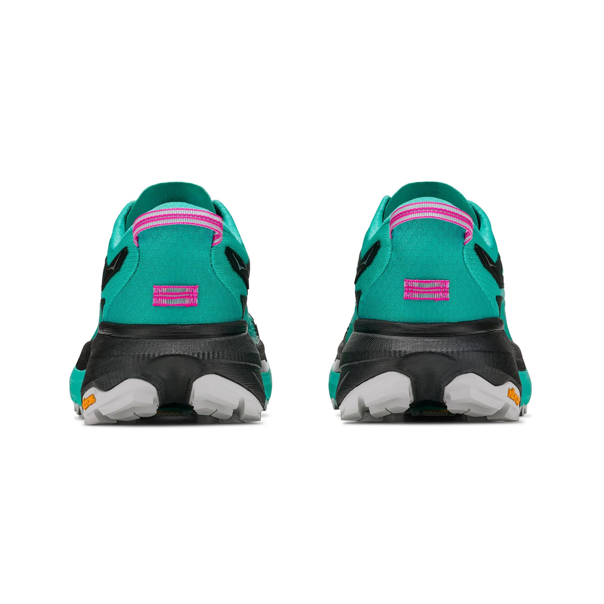 A pair of Women’s Mafate 5 Trail Running Shoes by Hoka in Black / Electric Aqua, shown from the back, featuring black and white soles, black accents, pink heel pull tabs, and engineered for technical trail running with maximum protection.