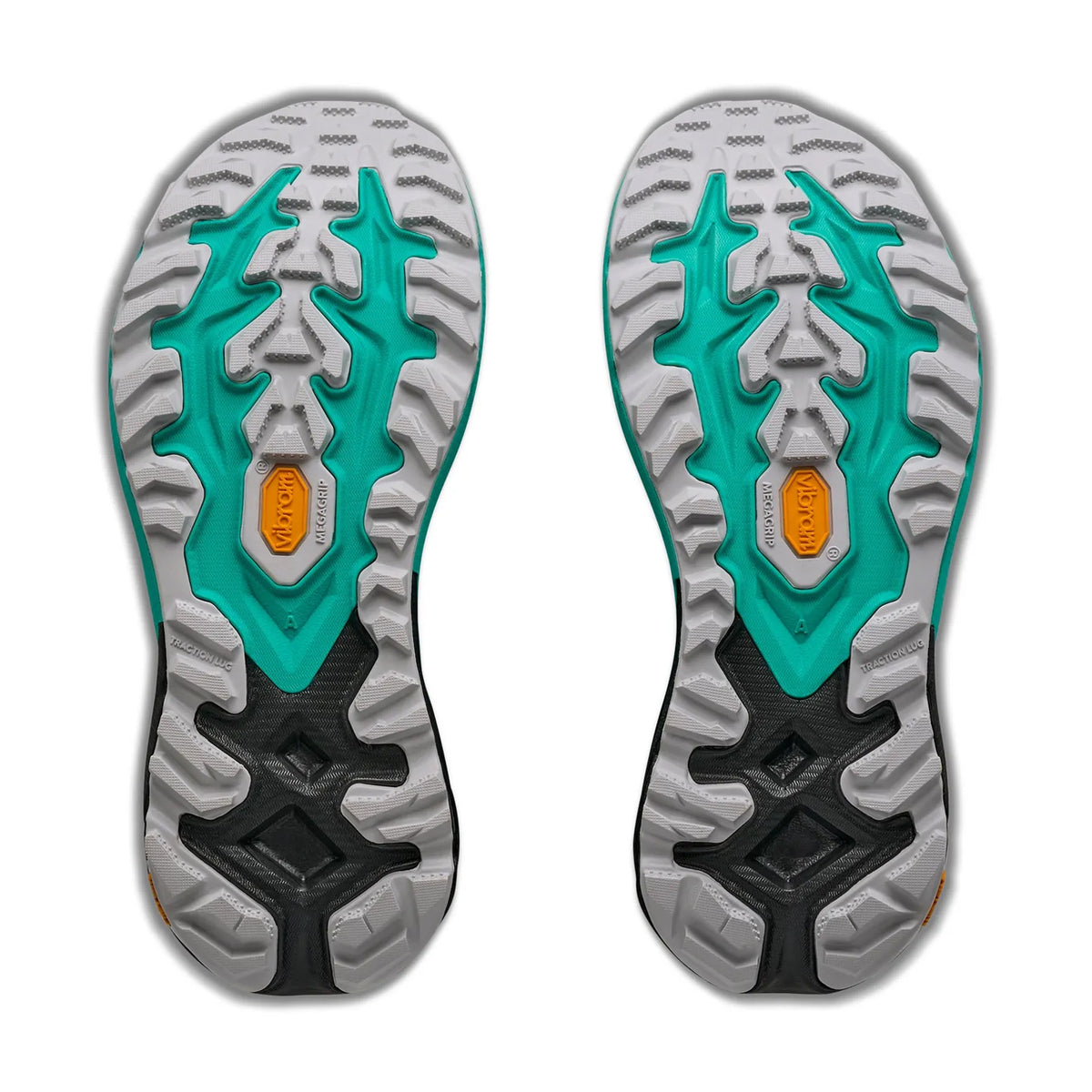 Two Vibram outsoles from the Hoka Women’s Mafate 5 Trail Running Shoes in Black / Electric Aqua are displayed side by side on a white background, featuring gray, teal, and black tread patterns with yellow Vibram logos. Designed for technical trail running, these outsoles provide superior protection and grip on rugged terrain.