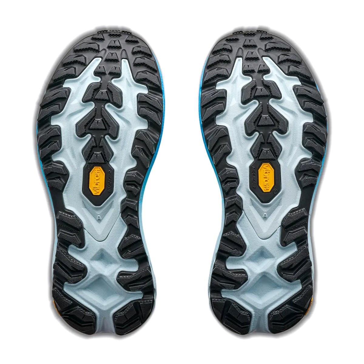 Women's HOKA Mafate 5 Trail Running Shoes Frost Tart Apple sole view displaying Vibram Megagrip outsole with aggressive 5mm Traction Lug technology for confident grip on mud, rocks and steep technical terrain