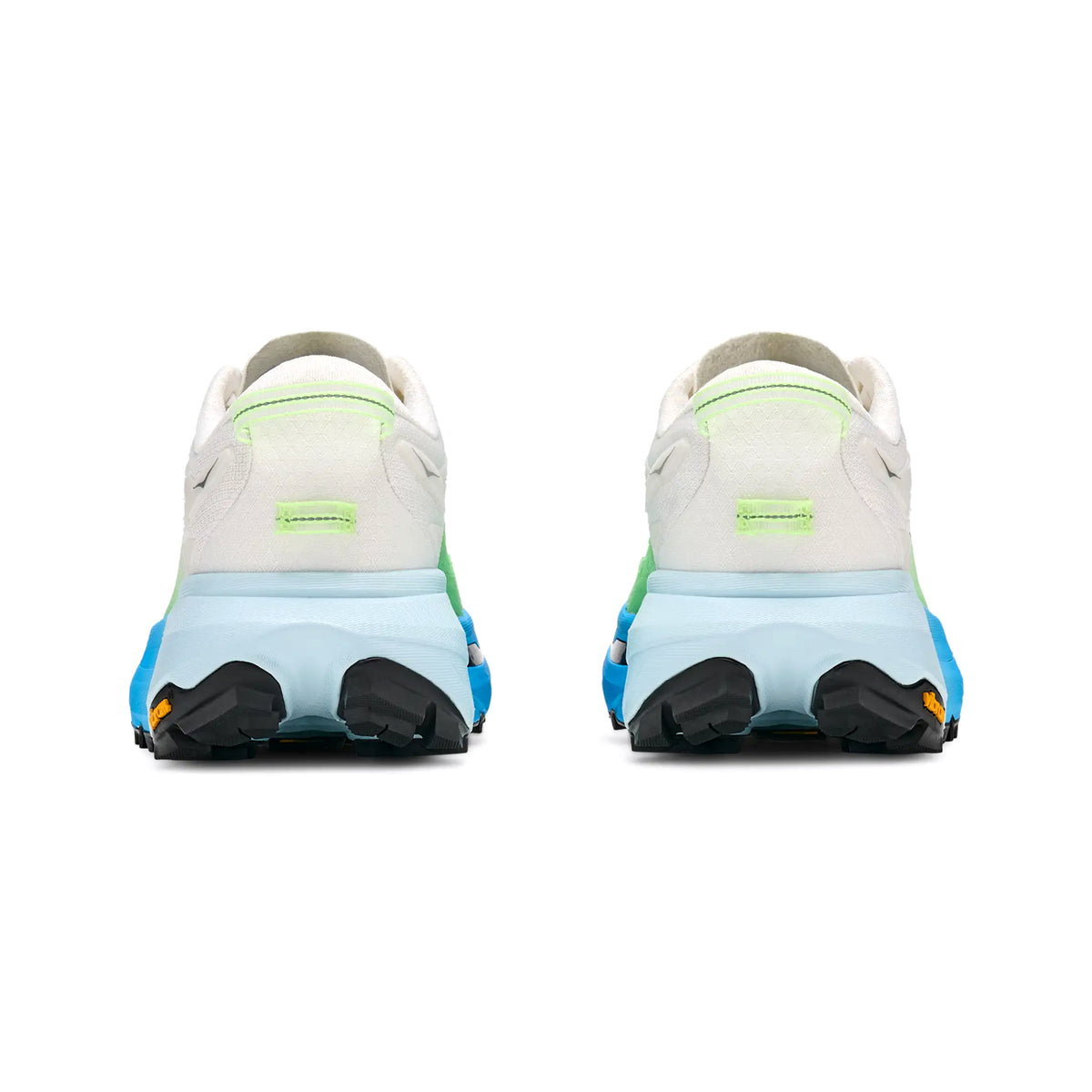 Women's HOKA Mafate 5 Trail Running Shoes Frost Tart Apple heel view showing dual-density midsole with Rocker Integrity Technology and impact-absorbing foam for steady balanced technical trail performance