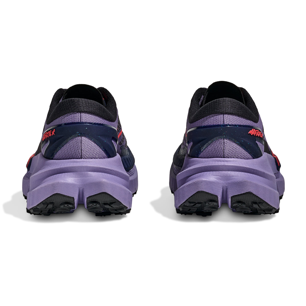 HOKA Mafate X women's trail running shoe in Berry Jam / Squid Ink — heel view showing moulded TPU heel counter, Active Foot Frame™ construction, reflective detailing and squid ink midsole contrast