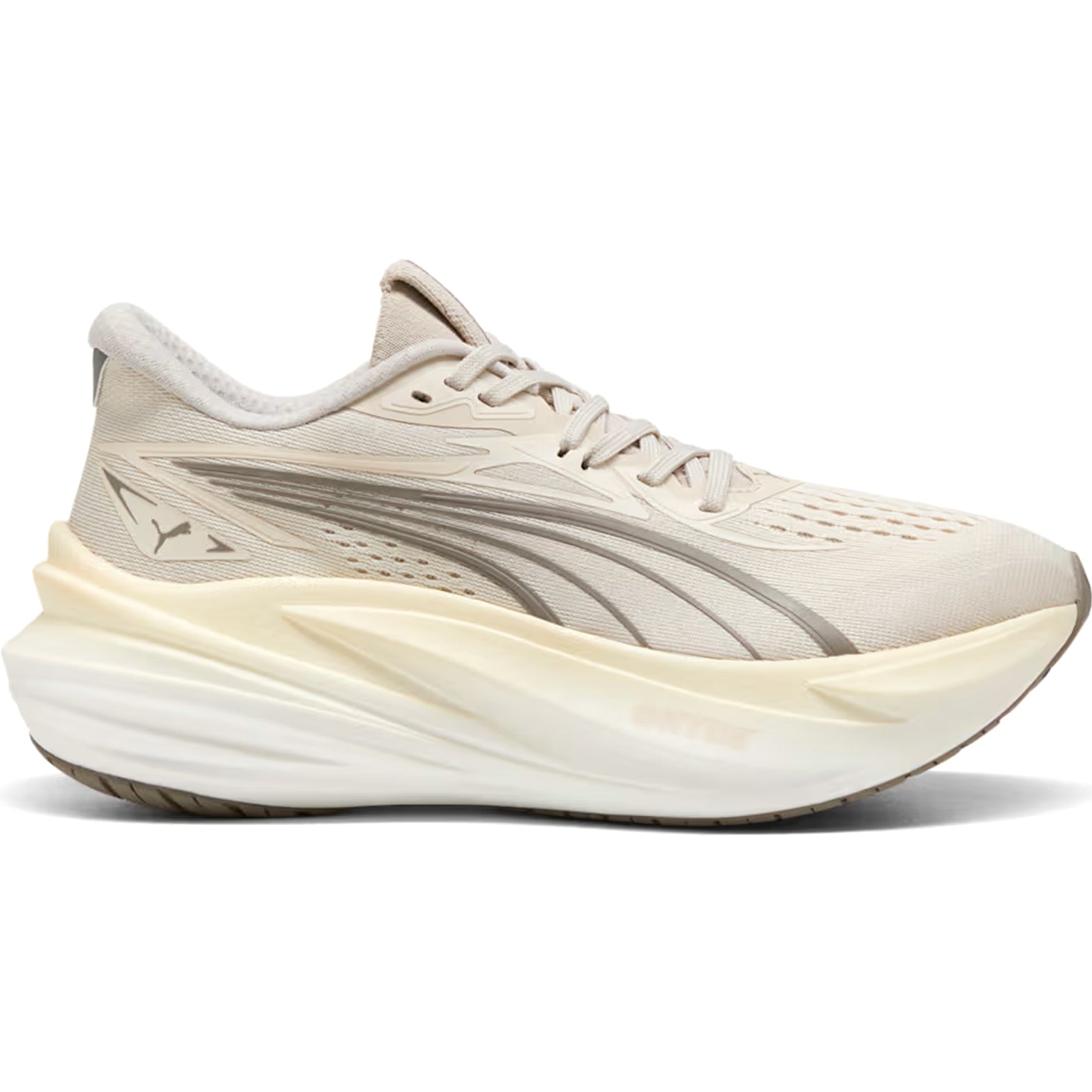 Women's Puma MagMax NITRO 2 Running Shoes Alpine Snow Buttercream outer side view showing highest stack NITROFOAM cushioning with PUMAGRIP outsole for ultra-plush energised daily running
