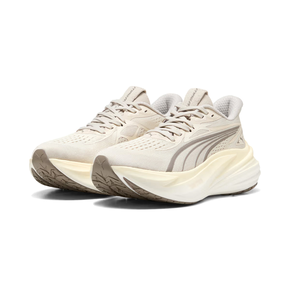 Women's Puma MagMax NITRO 2 Running Shoes Alpine Snow Buttercream angled side view of pair showing maximal NITROFOAM stack with nitrogen-infused foam and PUMAGRIP outsole for ultra-plush energised everyday road running