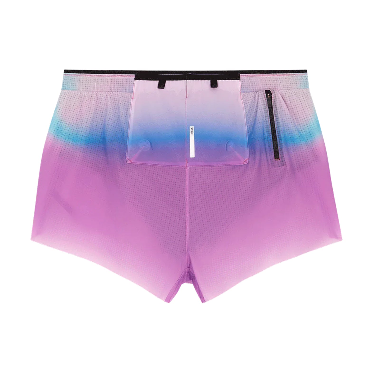 Women's Soar Marathon Shorts Blue Magenta back view showing external four-gel mesh pouch and zipped essentials rear pocket