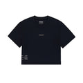 Women's Bandit Micromesh Cropped Run Tee Black front product view showing relaxed boxy fit with crew neckline and subtle two-tone logo branding
