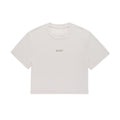 Women's Bandit Micromesh Cropped Run Tee Plaster front product view showing relaxed boxy fit with crew neckline and subtle two-tone logo branding