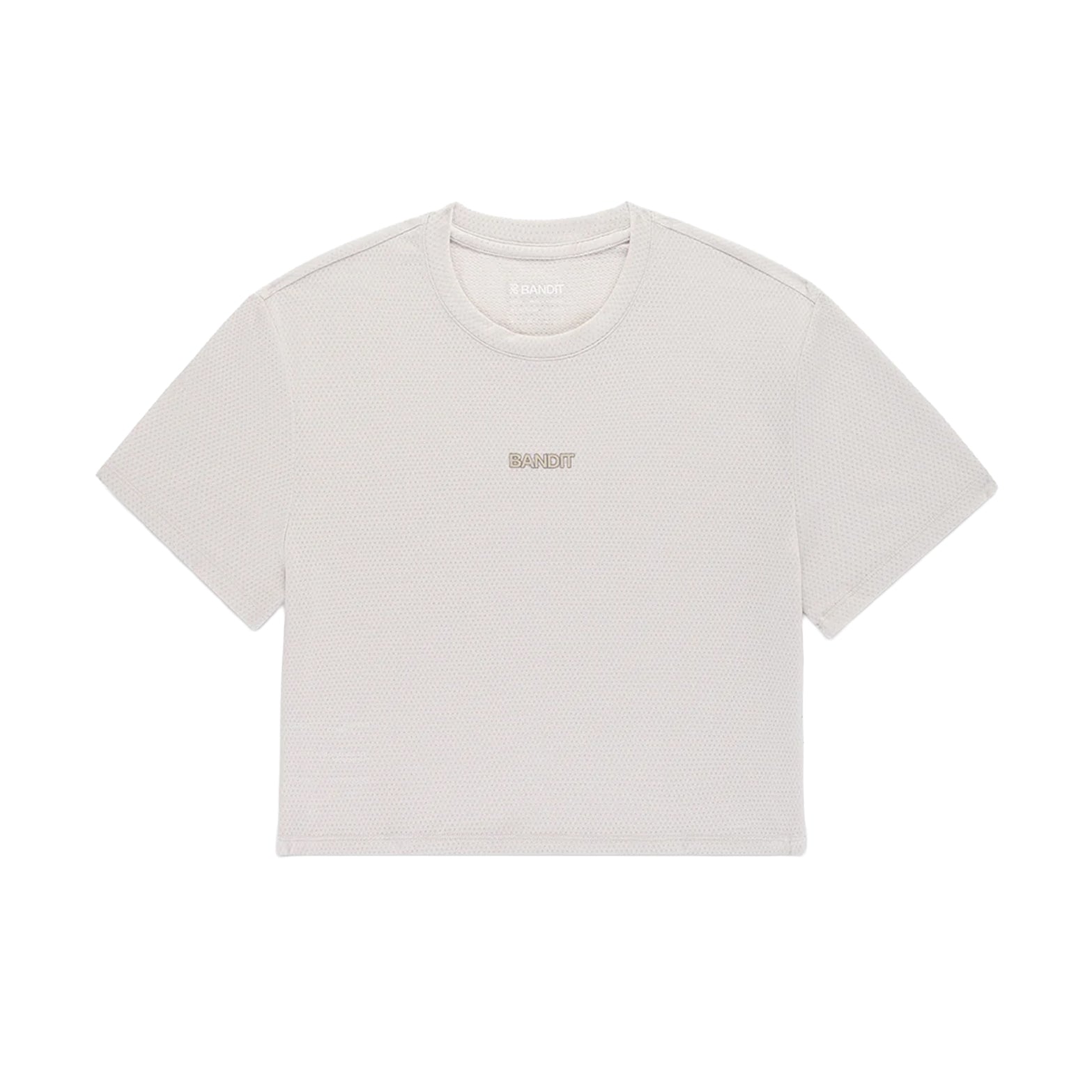 Women's Bandit Micromesh Cropped Run Tee Plaster front product view showing relaxed boxy fit with crew neckline and subtle two-tone logo branding