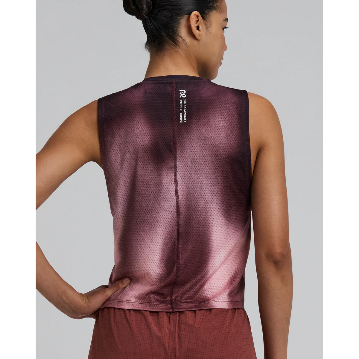 Women's Bandit Micromesh Run Tank Flow State Mahogany Multi back view showing flatlock seam at centre back with sweat-wicking Oeko-Tex Certified mesh