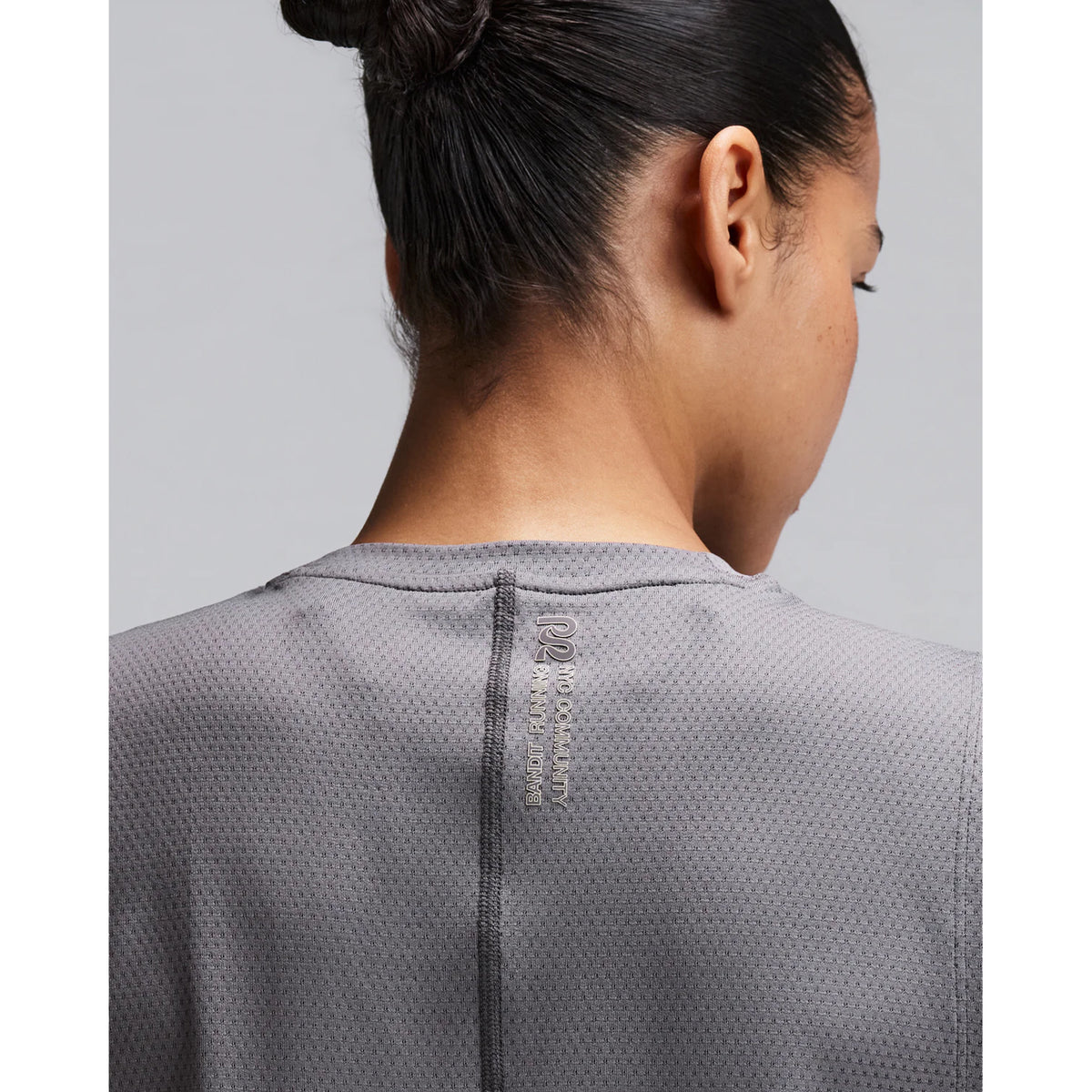 Women's Bandit Micromesh Run Tank Slate close-up of back showing fast-drying Micromesh fabric with sweat-wicking airflow construction for sustained running efforts