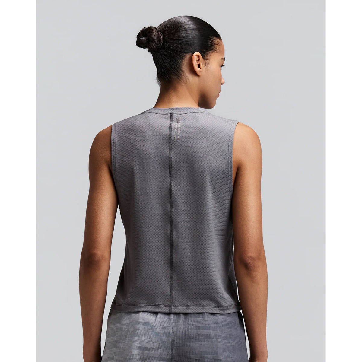 Women's Bandit Micromesh Run Tank Slate back view on female runner showing breathable Micromesh construction with fast-drying sweat-wicking fabric for comfortable running