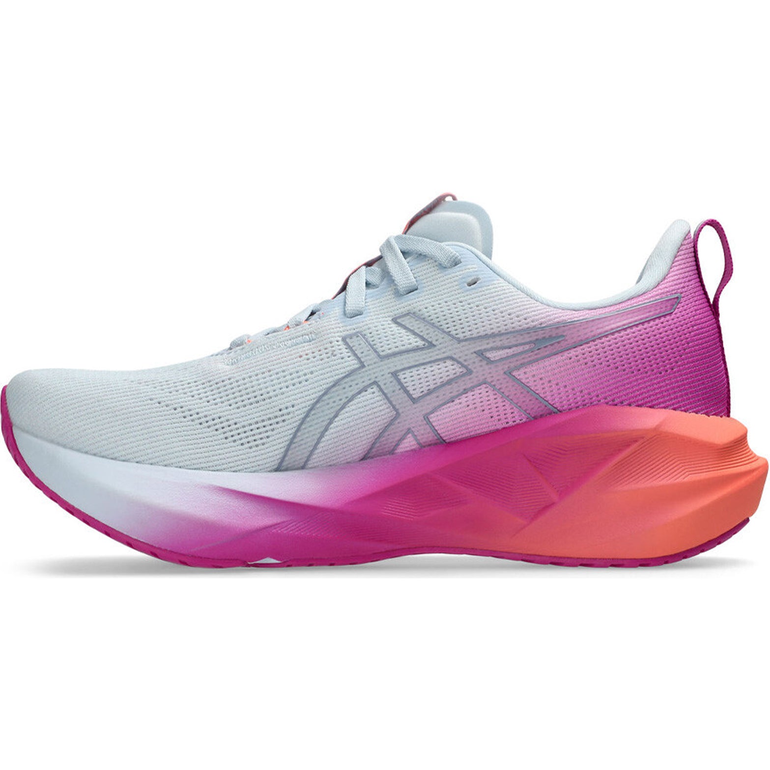 ASICS Novablast 5 women's running shoe in Sky / Digital Sakura — inner view showing sky blue upper, digital sakura midsole detailing and trampoline-inspired outsole construction