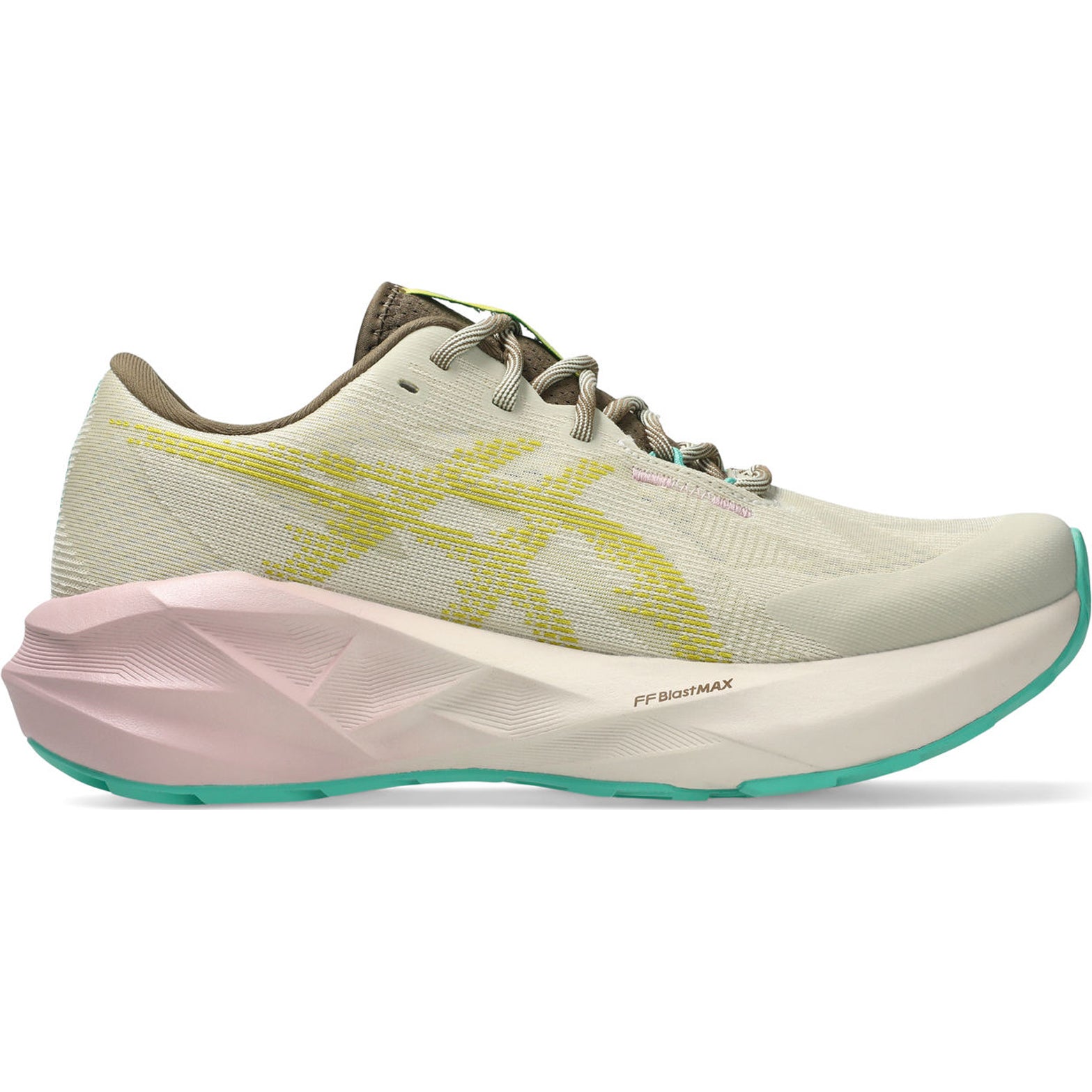 Women's ASICS Novablast 5 TR Running Shoes Light Dust Cacti outer side view showing FF BLAST MAX midsole and trampoline-inspired geometry