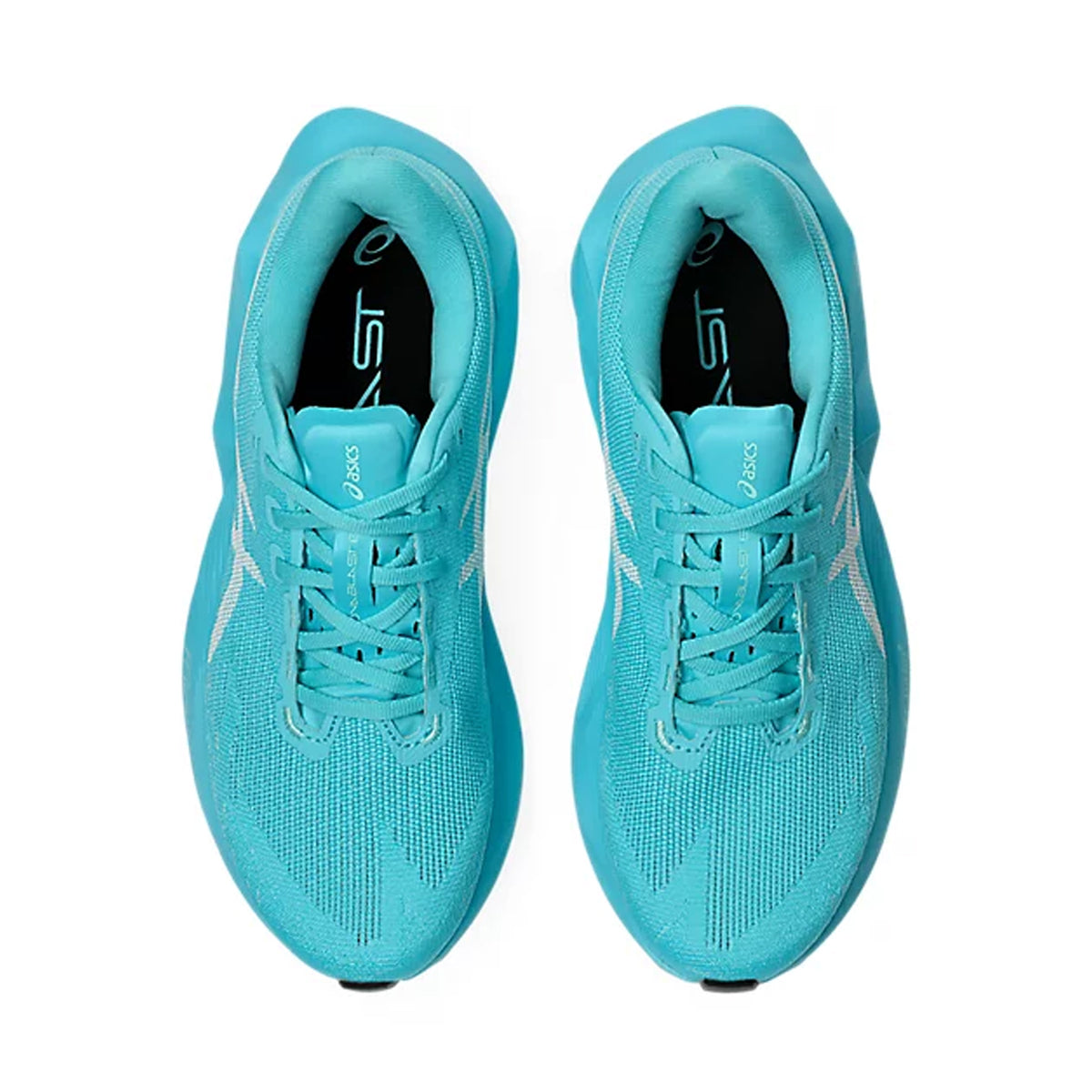 Women’s Novablast 6 Running Shoes in Energy Aqua and White, viewed from above with white logos and laces on a white background—designed for exceptional energy return with every stride.