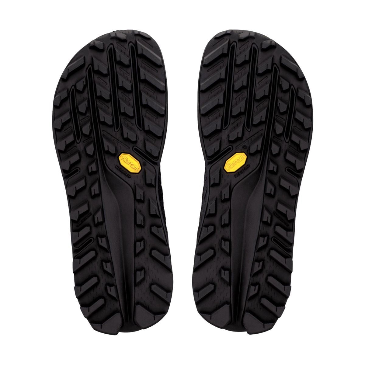 Women's Altra Olympus 275 HiLo Trail Running Shoes Black Black Black sole view displaying Vibram Megagrip outsole with TractionLug for fierce adaptive grip on wet and dry technical terrain