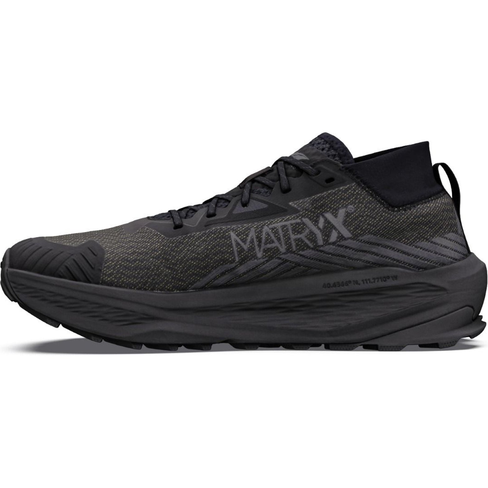 Women's Altra Olympus 275 HiLo Trail Running Shoes Black Black Black inner side view showing 15% lighter 10% softer EGO MAX foam with zero drop platform and roomiest Altra toe box for natural trail running