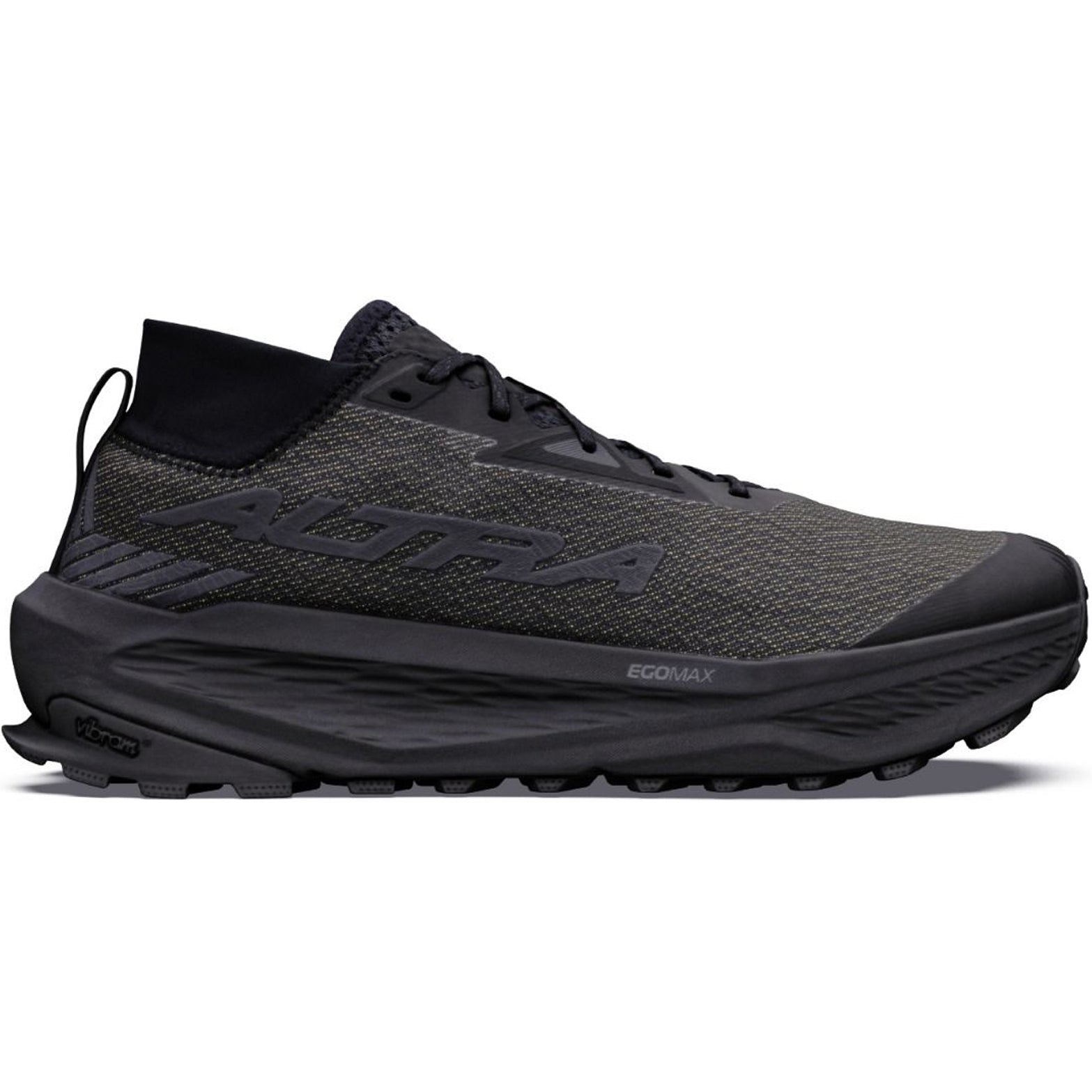 Women's Altra Olympus 275 HiLo Trail Running Shoes Black Black Black outer side view showing updated Altra EGO MAX midsole foam with Vibram Megagrip TractionLug outsole for confident technical trail running