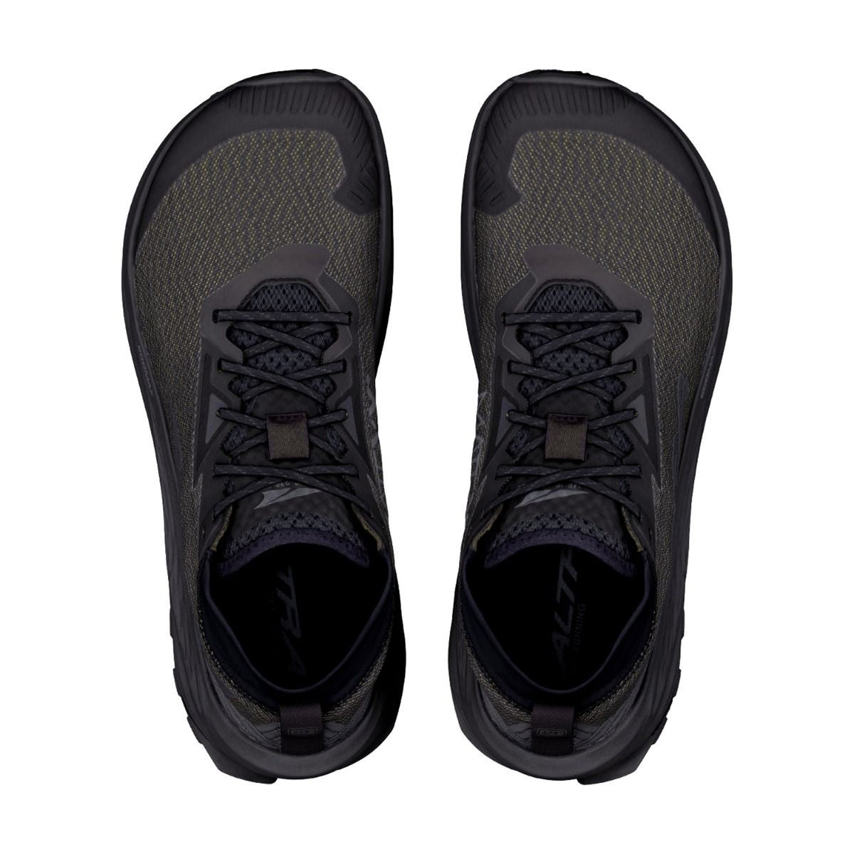 Women's Altra Olympus 275 HiLo Trail Running Shoes Black Black Black top view showing MATRYX one-piece woven upper with built-in scree sleeve and roomiest toe box for technical trail protection