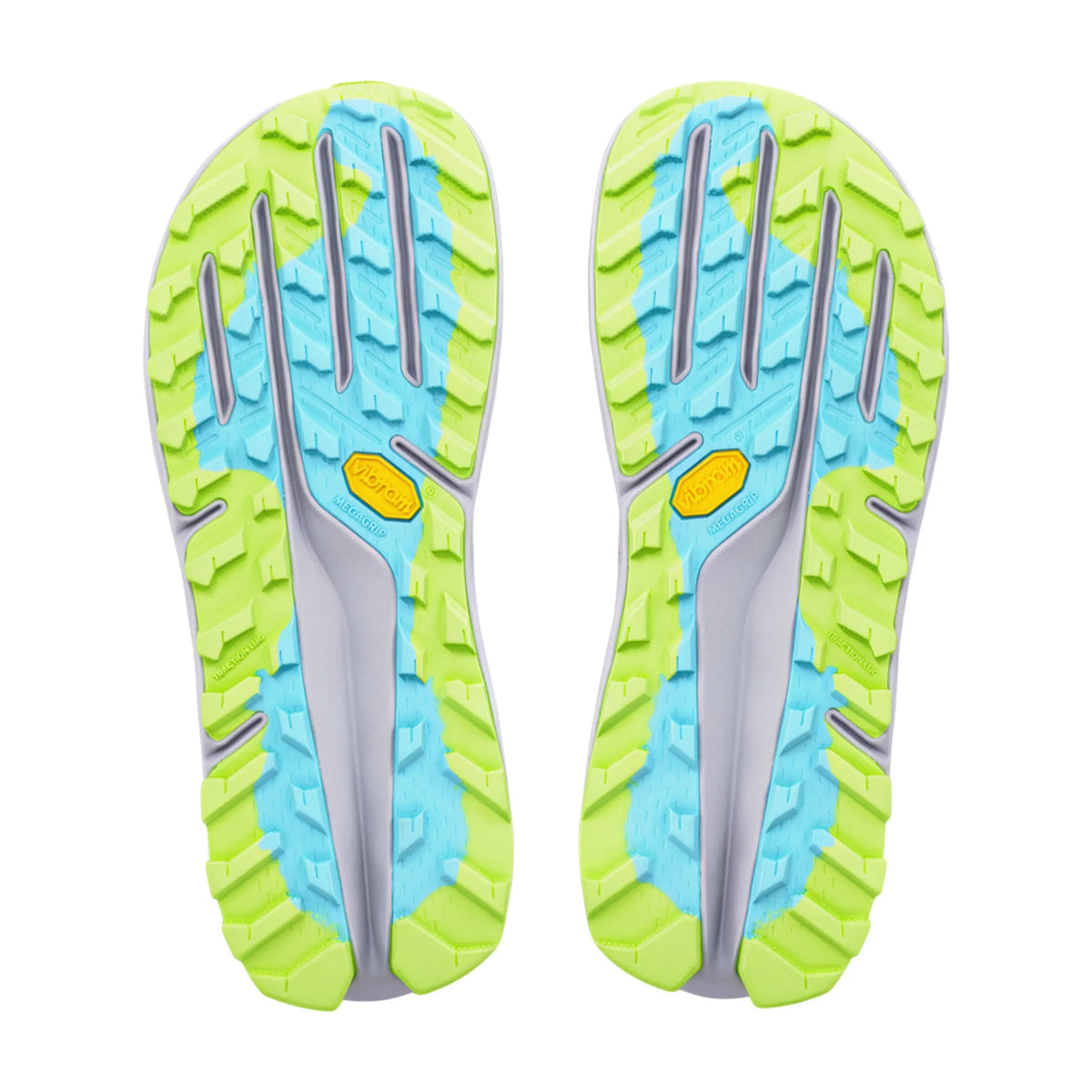 Women's Altra Olympus 275 HiLo Trail Running Shoes Vaporous Grey Blue Fish sole view displaying Vibram Megagrip outsole for reliable traction on wet and dry technical trail terrain