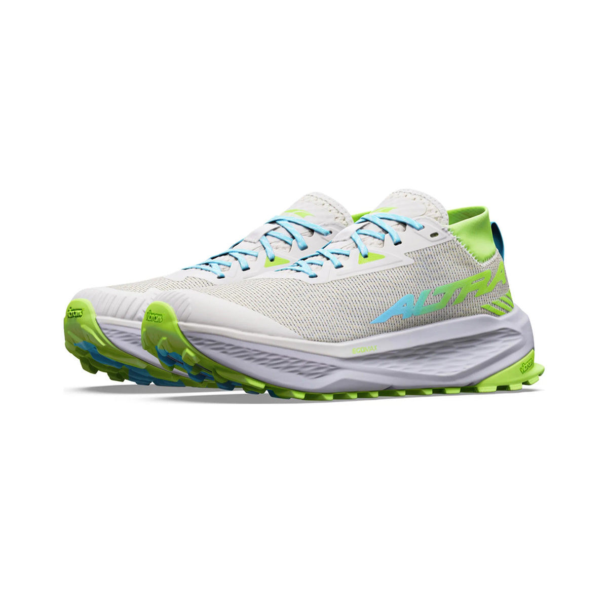 Women's Altra Olympus 275 HiLo Trail Running Shoes Vaporous Grey Blue Fish angled side view of pair showing MATRYX woven Kevlar upper with compression-moulded EVA midsole, FootShape toe box and Vibram Megagrip outsole for high-mileage technical trail performance
