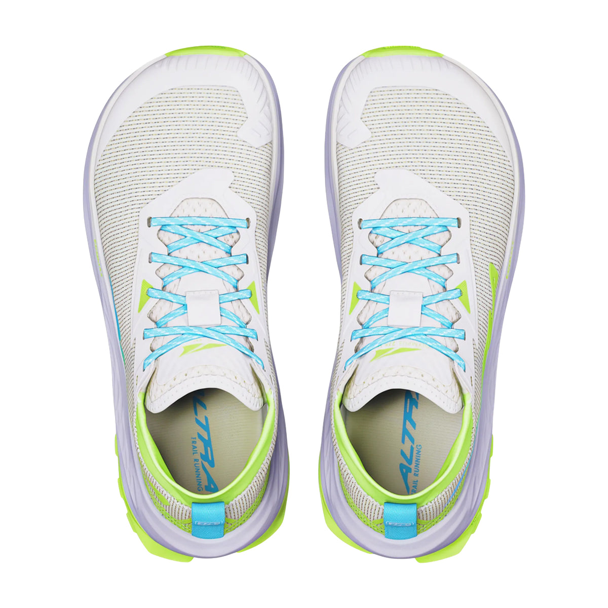 Women's Altra Olympus 275 HiLo Trail Running Shoes Vaporous Grey Blue Fish top view showing MATRYX one-piece woven Kevlar upper with built-in scree sleeve and FootShape toe box for natural toe splay