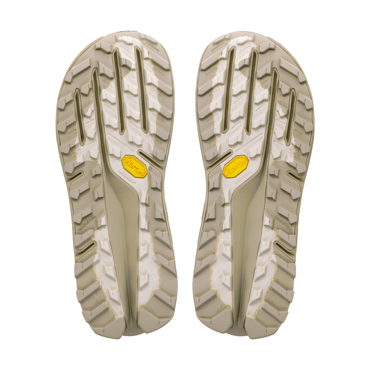 Women's Altra Olympus 7 Trail Running Shoes White Smoke Winter Twig sole view displaying Vibram Megagrip outsole with TractionLug for fierce adaptive grip on wet and dry technical trail terrain