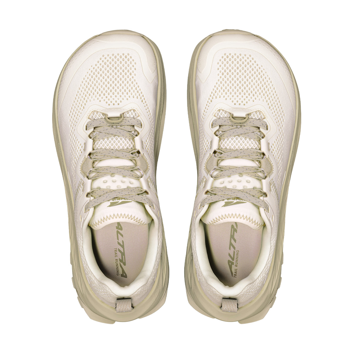 Women's Altra Olympus 7 Trail Running Shoes White Smoke Winter Twig top view showing breathable engineered mesh upper with moulded TPU overlays, plusher tongue and GaiterTrap hook-and-loop ta