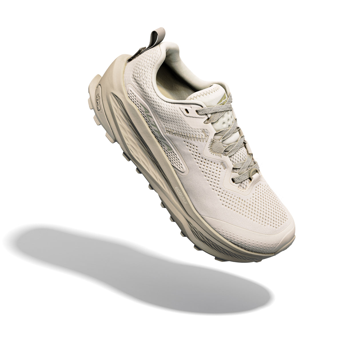 Women's Altra Olympus 7 Trail Running Shoes White Smoke Winter Twig angled side and heel view showing updated EGO MAX midsole with Vibram Megagrip TractionLug, moulded TPU overlays and GaiterTrap for all-day ultra trail performance