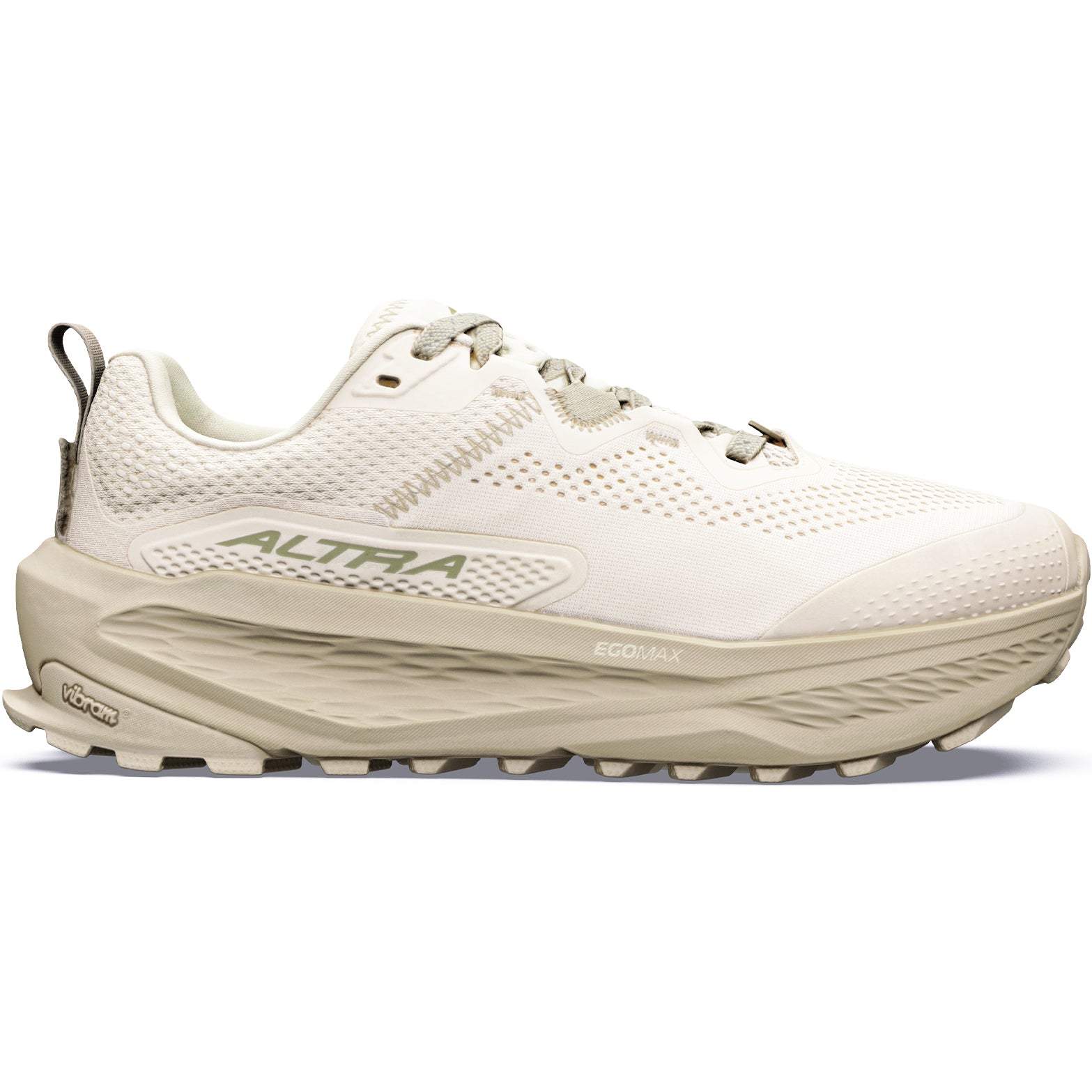 Women's Altra Olympus 7 Trail Running Shoes White Smoke Winter Twig outer side view showing updated Altra EGO MAX midsole with Vibram Megagrip TractionLug outsole and moulded TPU overlays for ultra trail running