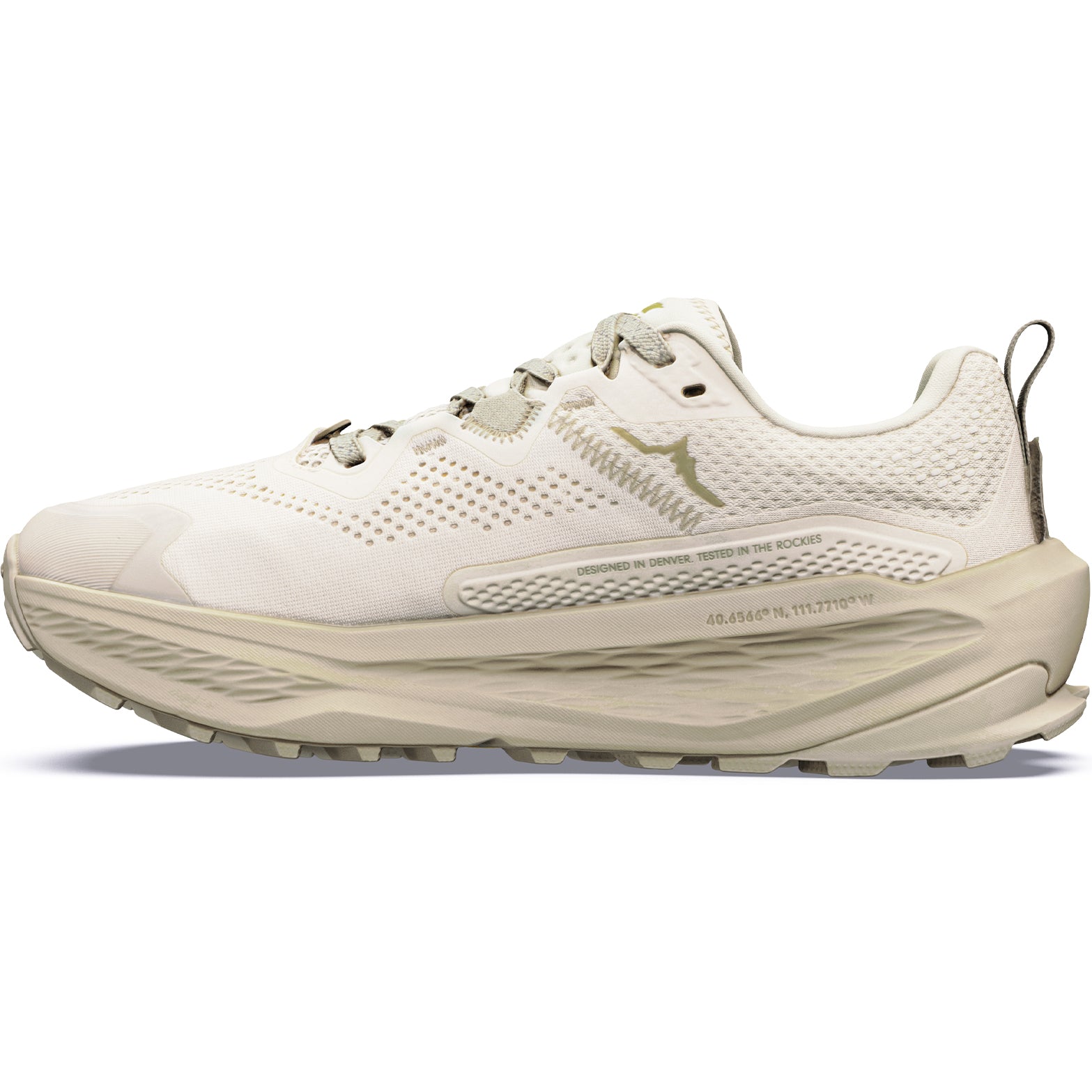 Women's Altra Olympus 7 Trail Running Shoes White Smoke Winter Twig inner side view showing 15% lighter 10% softer EGO MAX foam with integrated comfort collar and roomiest FootShape toe box for natural trail running