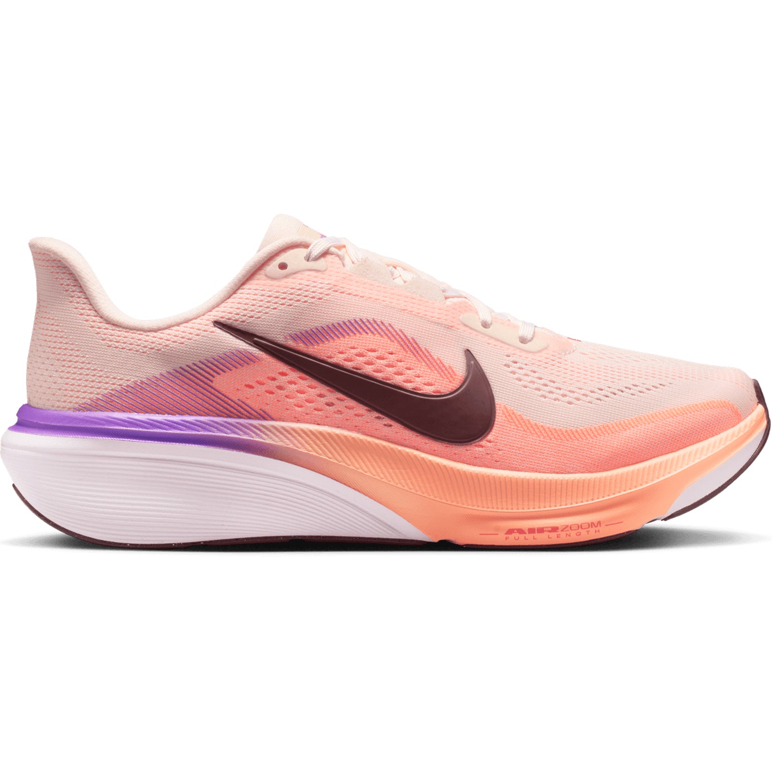 Women's Nike Pegasus 42 Running Shoes Chalk Orange Pulse Bright Violet Tattoo outer side view showing full-length curved Air Zoom unit with ReactX foam midsole for propulsive energy return