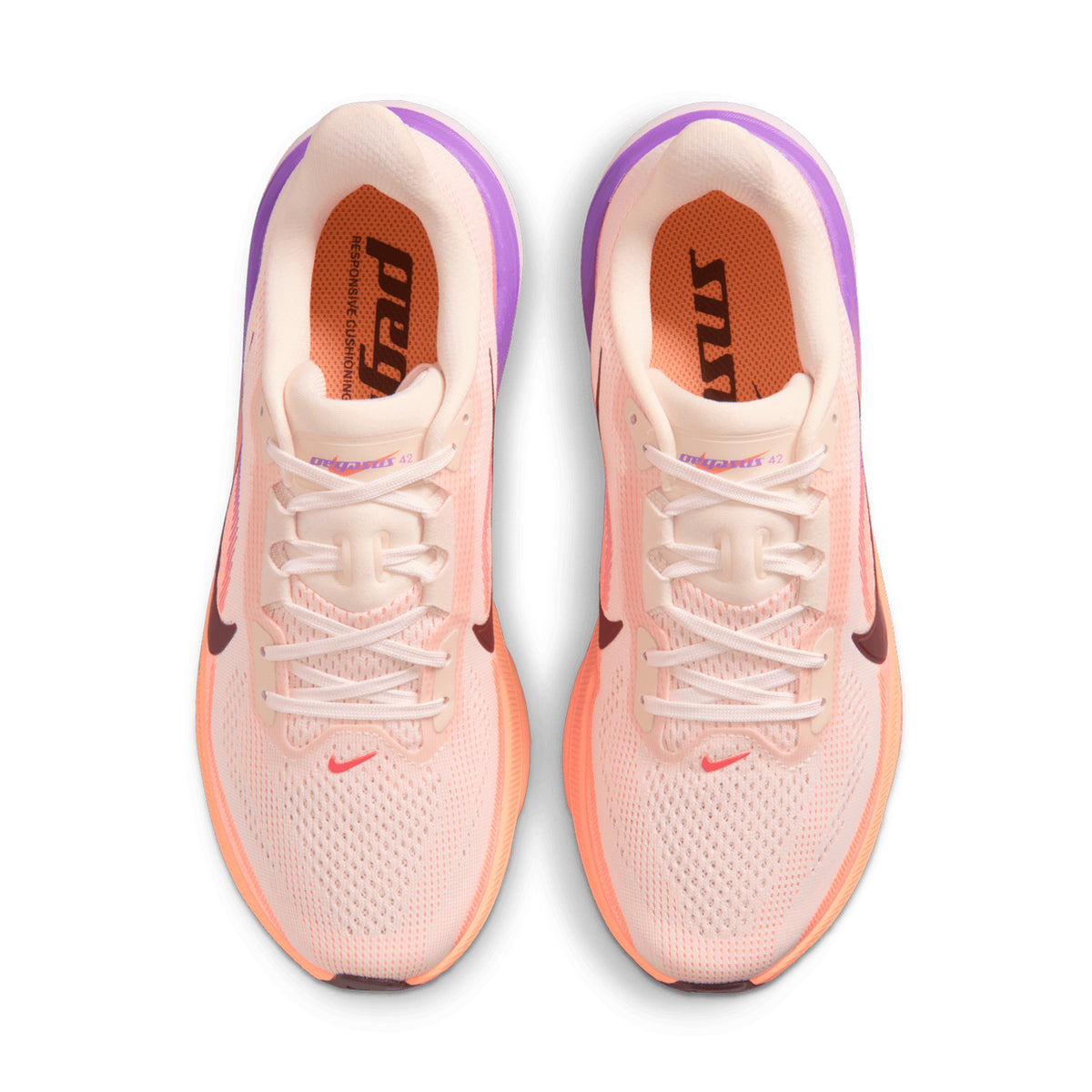 Women's Nike Pegasus 42 Running Shoes Chalk Orange Pulse Bright Violet Tattoo top view showing lightweight breathable mesh upper with updated wide toe box for extra forefoot room