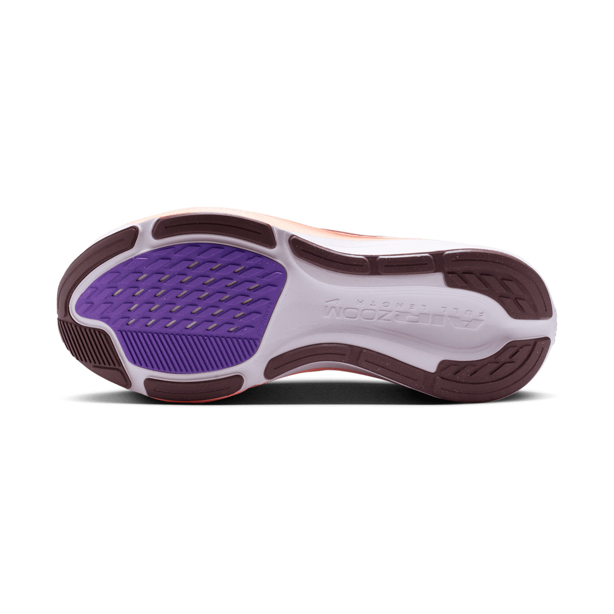 Women's Nike Pegasus 42 Running Shoes Chalk Orange Pulse Bright Violet Tattoo sole view displaying updated Waffle outsole with high-abrasion rubber and flex grooves for traction and flexibility