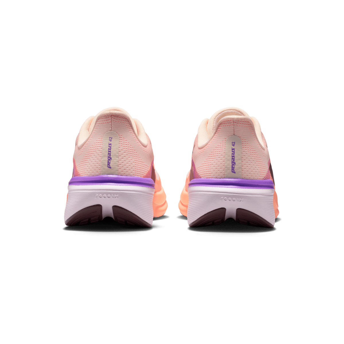 Women's Nike Pegasus 42 Running Shoes Chalk Orange Pulse Bright Violet Tattoo heel view showing full-length Air Zoom unit with ReactX foam for Nike's highest energy return from heel to toe-off